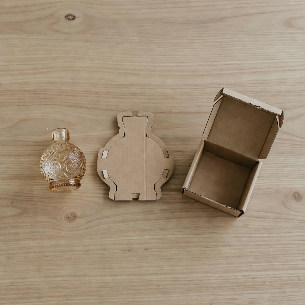 A small glass decorative object rests on a light wooden table beside a tailored cardboard insert and its open box. The composition demonstrates the precise, snug fit of the protective materials.