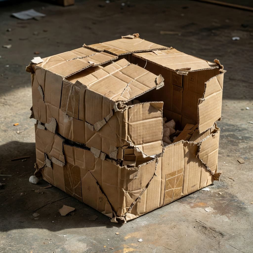 A heavily crumpled cardboard shipping container sits directly on a concrete warehouse floor. The box shows significant structural failure, with deep tears and collapsed corners resulting from improper handling and stacking pressure.