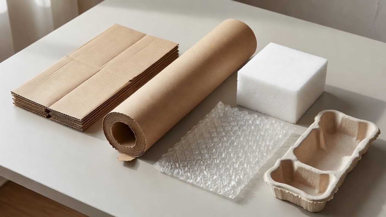 An organized neutral surface displays distinct packing supplies including folded corrugated cardboard, brown kraft paper, a small white foam block, clear bubble wrap, and a molded pulp insert under soft lighting.