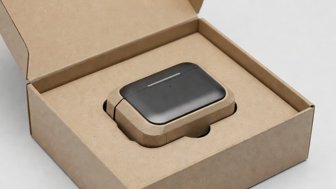 A precision-molded cardboard insert sits inside an open box to secure a small electronic device. Soft studio lighting highlights the textured eco-friendly material and the snug, custom-fit internal cavity.