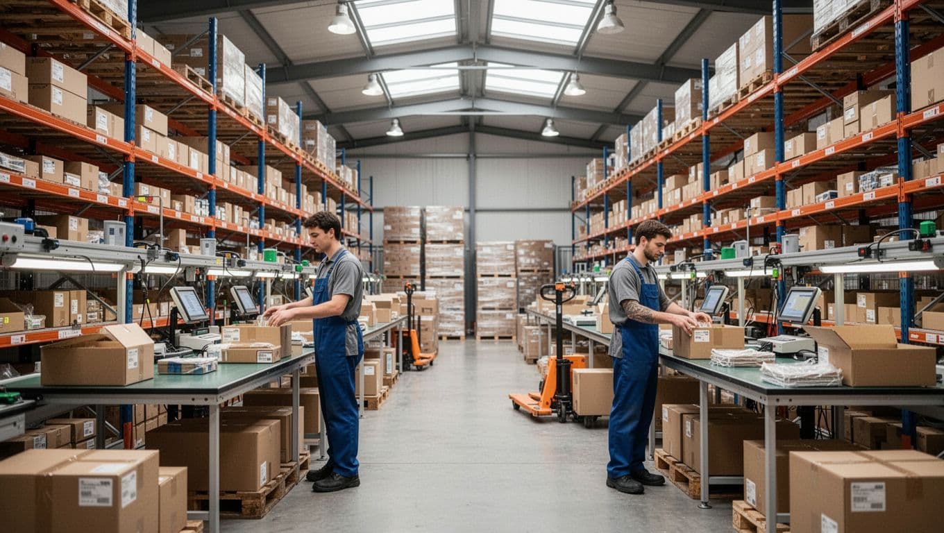 Photorealistic image of a modern warehouse with two workers efficiently picking items from organized shelves and packing orders into boxes, illuminated by bright natural skylight.