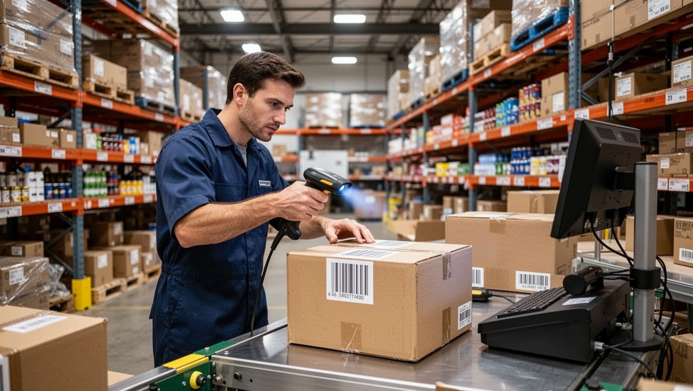 Photorealistic image of a warehouse worker using a handheld scanner on a barcode label of a cardboard box at a packing station. Inventory shelves with boxes and products fill the background, alongside a computer terminal under bright overhead lighting.