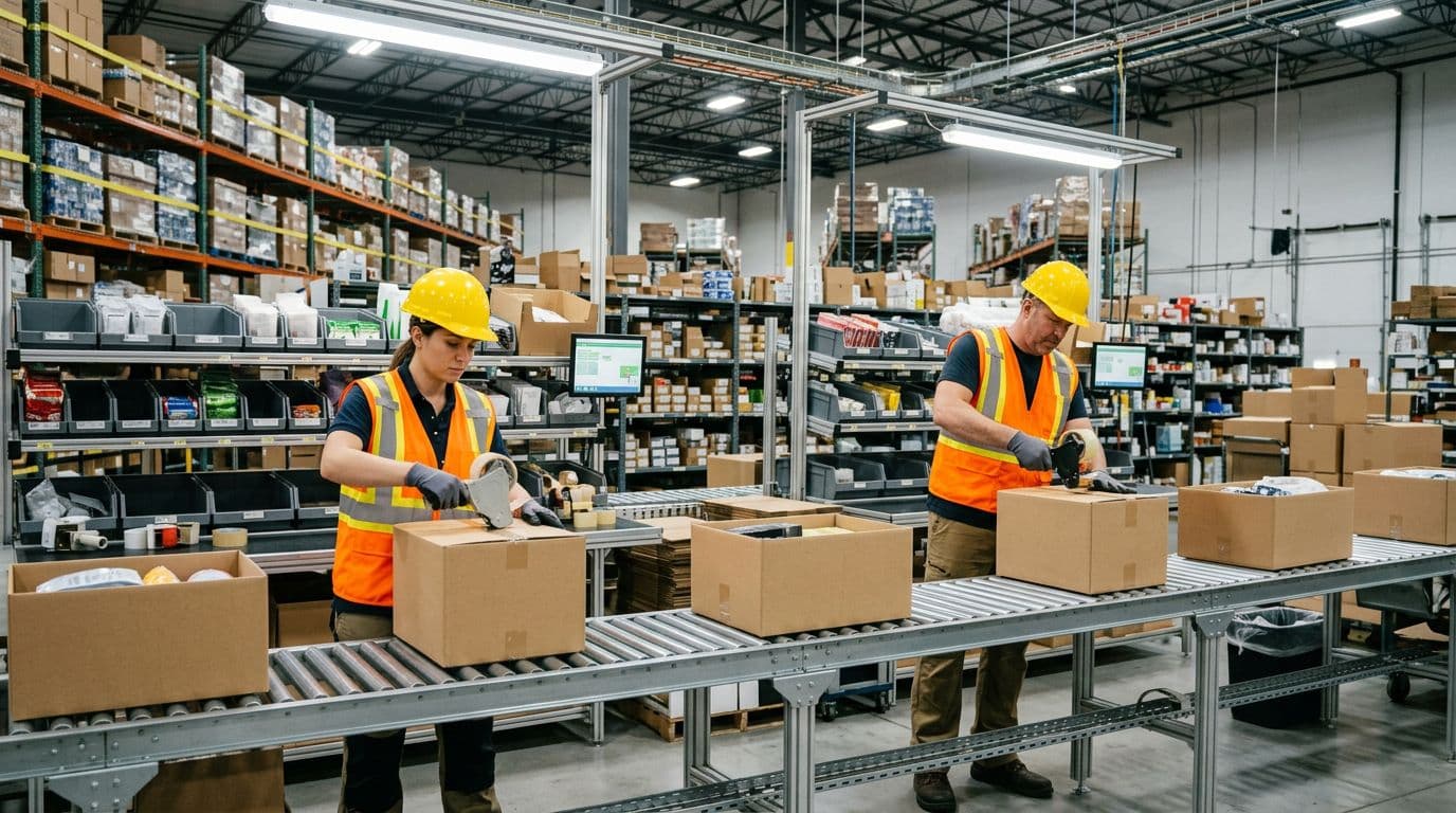 Photorealistic image of a modern e-commerce warehouse packing line where exactly two workers in safety gear efficiently pack products into right-sized boxes on a conveyor belt, organized shelves in background showing space savings, bright overhead lighting, focused on efficient operations.