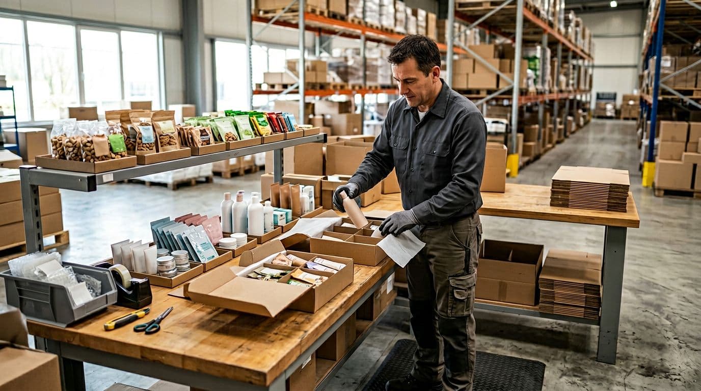 Photorealistic image of a warehouse kitting station featuring one worker assembling product bundles and gift sets on a table with neatly arranged consumer goods like cosmetics or snacks, organized tools nearby, and soft natural light from windows.