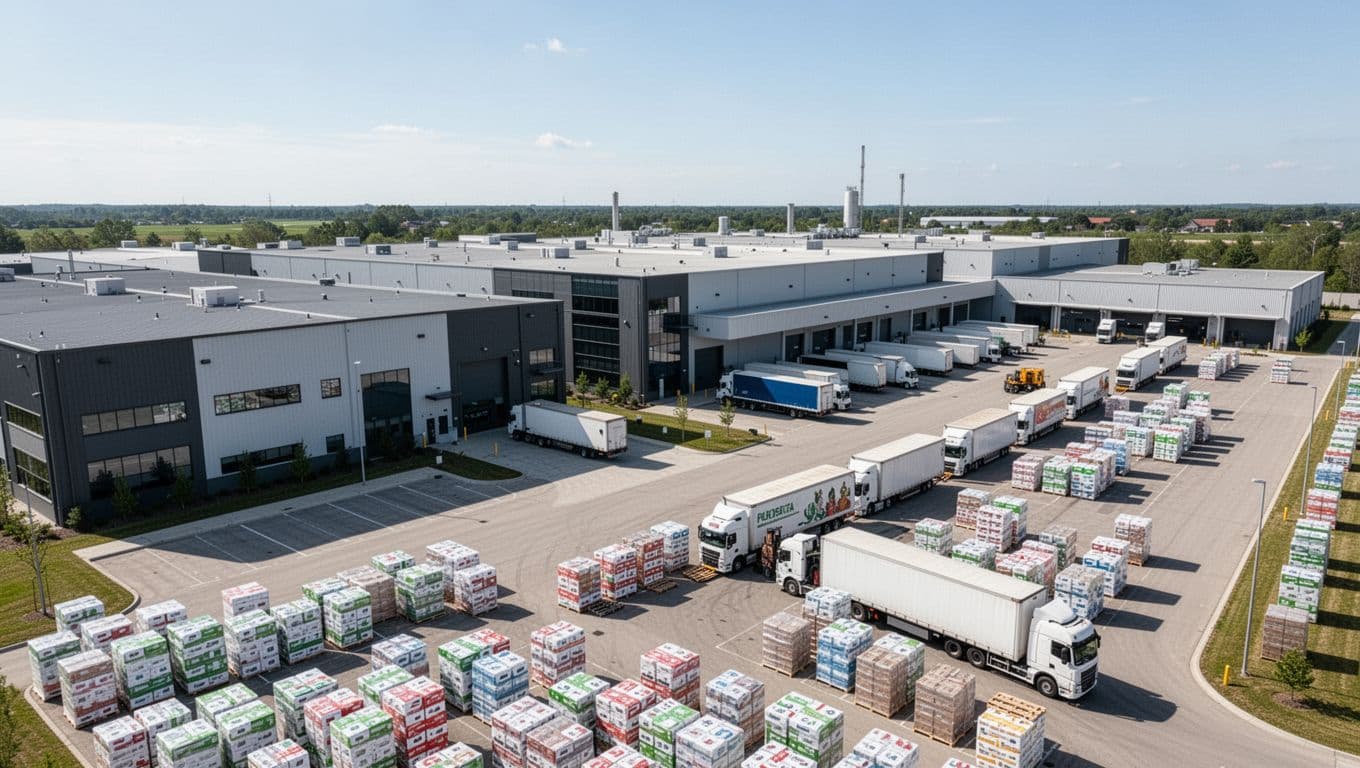 Aerial satellite-style photo of a large modern industrial plant campus with production buildings and adjacent overflow area where pallets load into trucks for co-packer facility, clear daytime sky, focused on logistics flow.