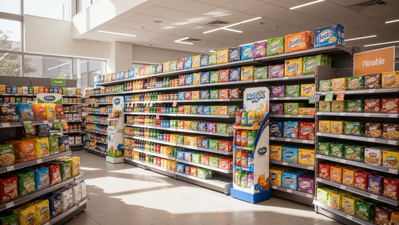 Bright retail supermarket aisle with neatly stocked shelf-ready packaging, colorful club-store multipacks, and assembled point-of-sale displays for visual shelf impact in a clean modern store setting with natural daylight.