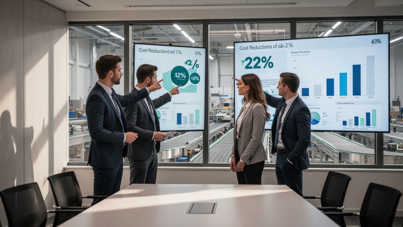 Two professionals, one male and one female, in a modern conference room examine financial charts highlighting 15-25% cost reductions from contract packaging outsourcing, with a shared automated packaging facility visible through the window.