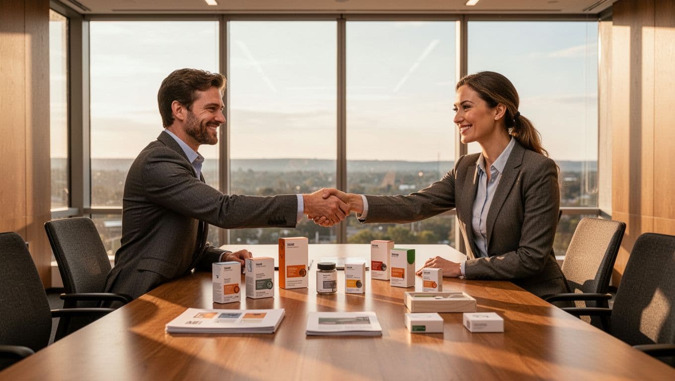 Two business professionals in business casual shaking hands across a modern conference table with neatly arranged product packaging samples, labels, and prototypes; warm natural lighting from large windows.