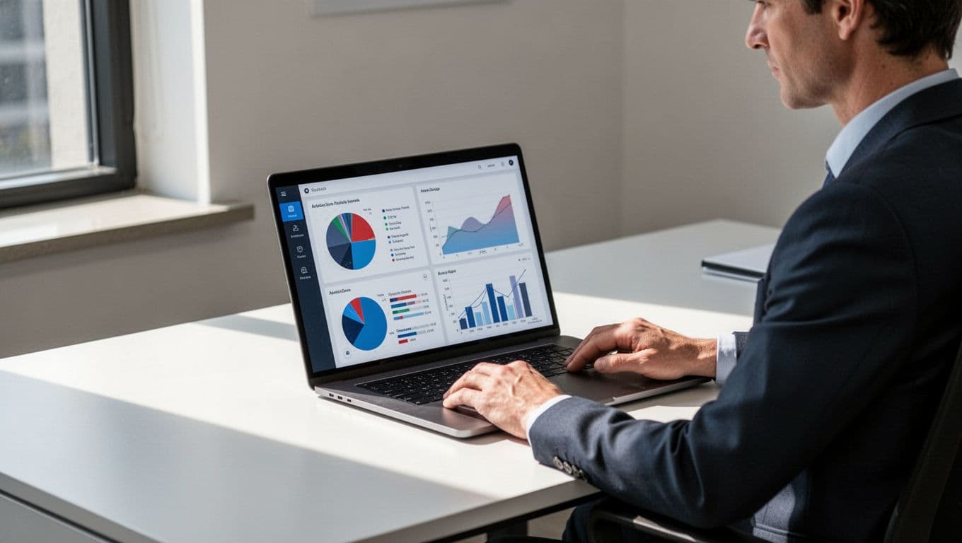 A business owner relaxes at a modern office desk, viewing a laptop dashboard with charts on order volume, inventory trends, and shipping performance under natural daylight, professional style with no text on screen.