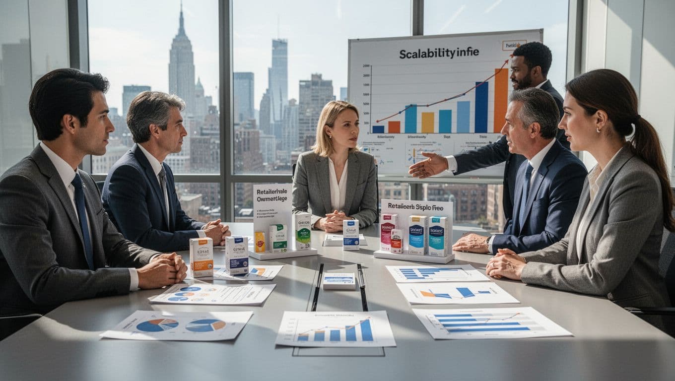 Three business professionals seated around a conference table in a modern office review product packaging samples, retailer display mockups, and paper growth charts, with one pointing to a scalability timeline against a city skyline view.