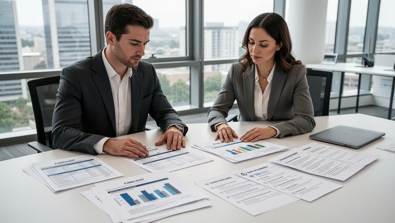 Two business professionals, one male and one female, seated at a conference table reviewing printed packaging specifications, forecasts charts, and onboarding checklists on paper in a modern office with window view and natural daylight. Closed laptop nearby, hands resting naturally on documents, exactly two people, no text or logos.