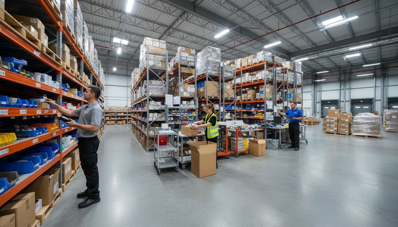 Realistic industrial photo of a busy modern 3PL warehouse interior featuring three workers picking inventory from organized shelves, packing stations with boxes and labels, and a returns area in the background under bright lighting.