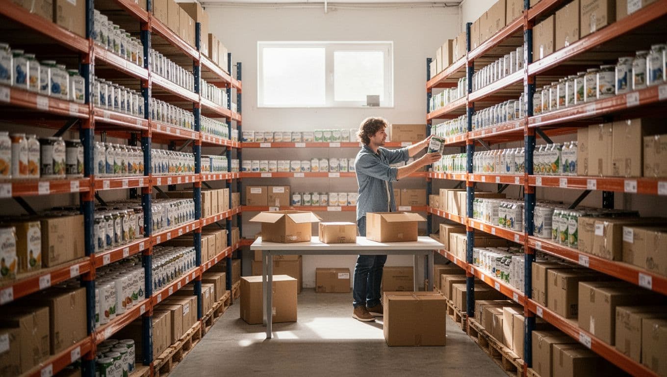 A clean, bright compact warehouse for a retail brand features organized shelves with predictable SKUs, a simple packing station with boxes and labels, and one worker naturally picking an item from the shelf, ideal for low-to-medium order volumes.