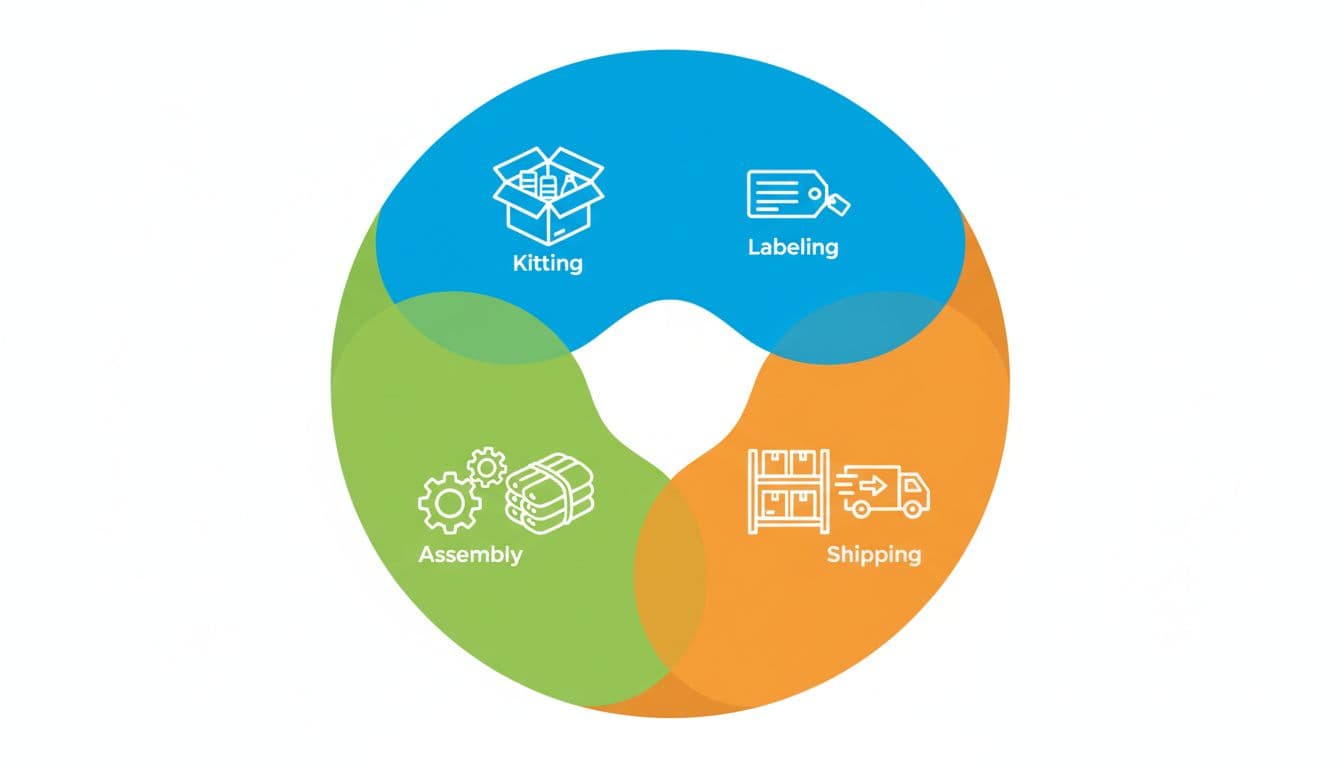Three overlapping circles with icons for kitting, labeling, assembly, bundling, storage, and shipping on white background.