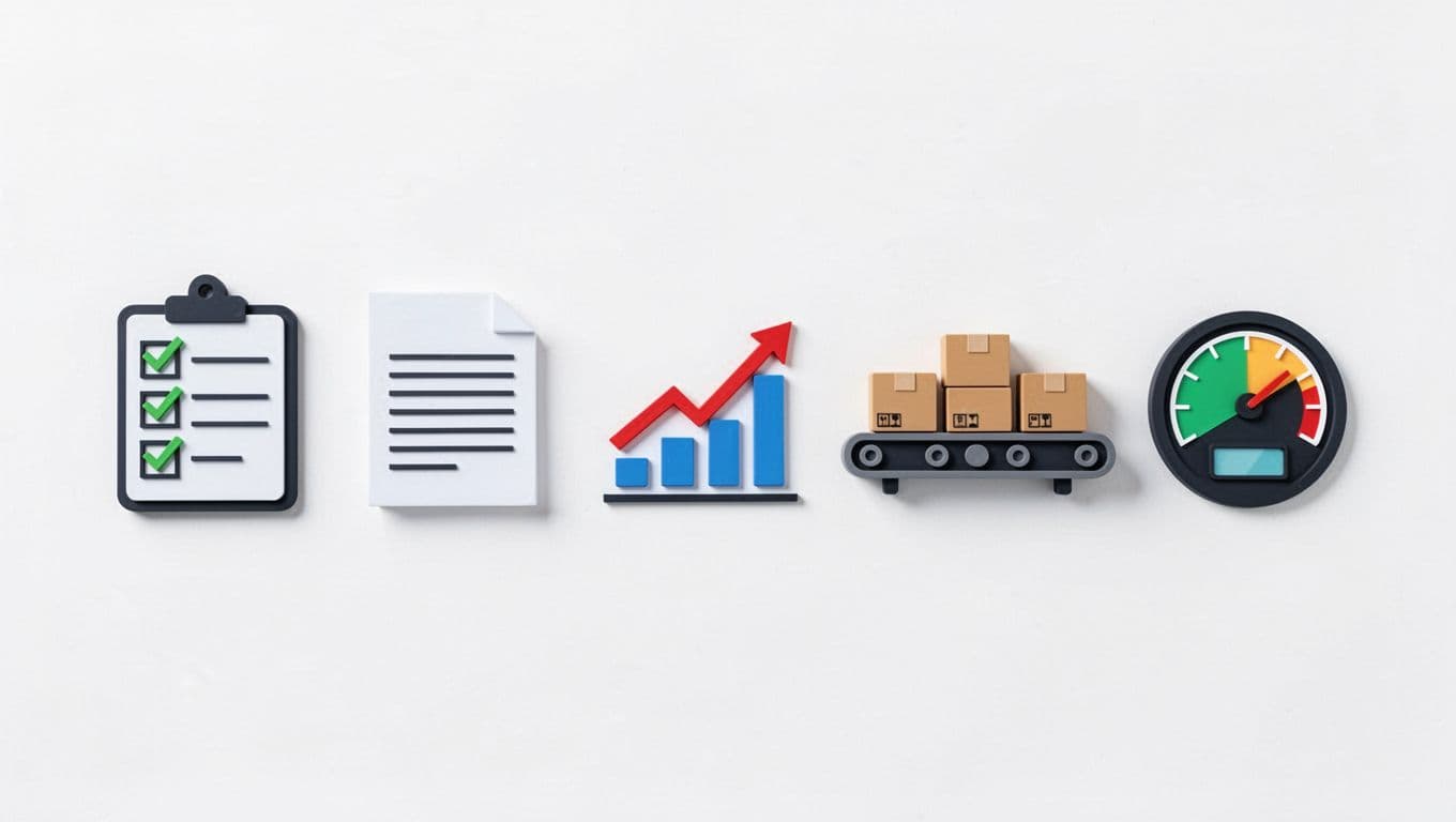 Row of five flat icons: checklist, specs document, forecast graph, conveyor boxes, metrics dashboard on white background.