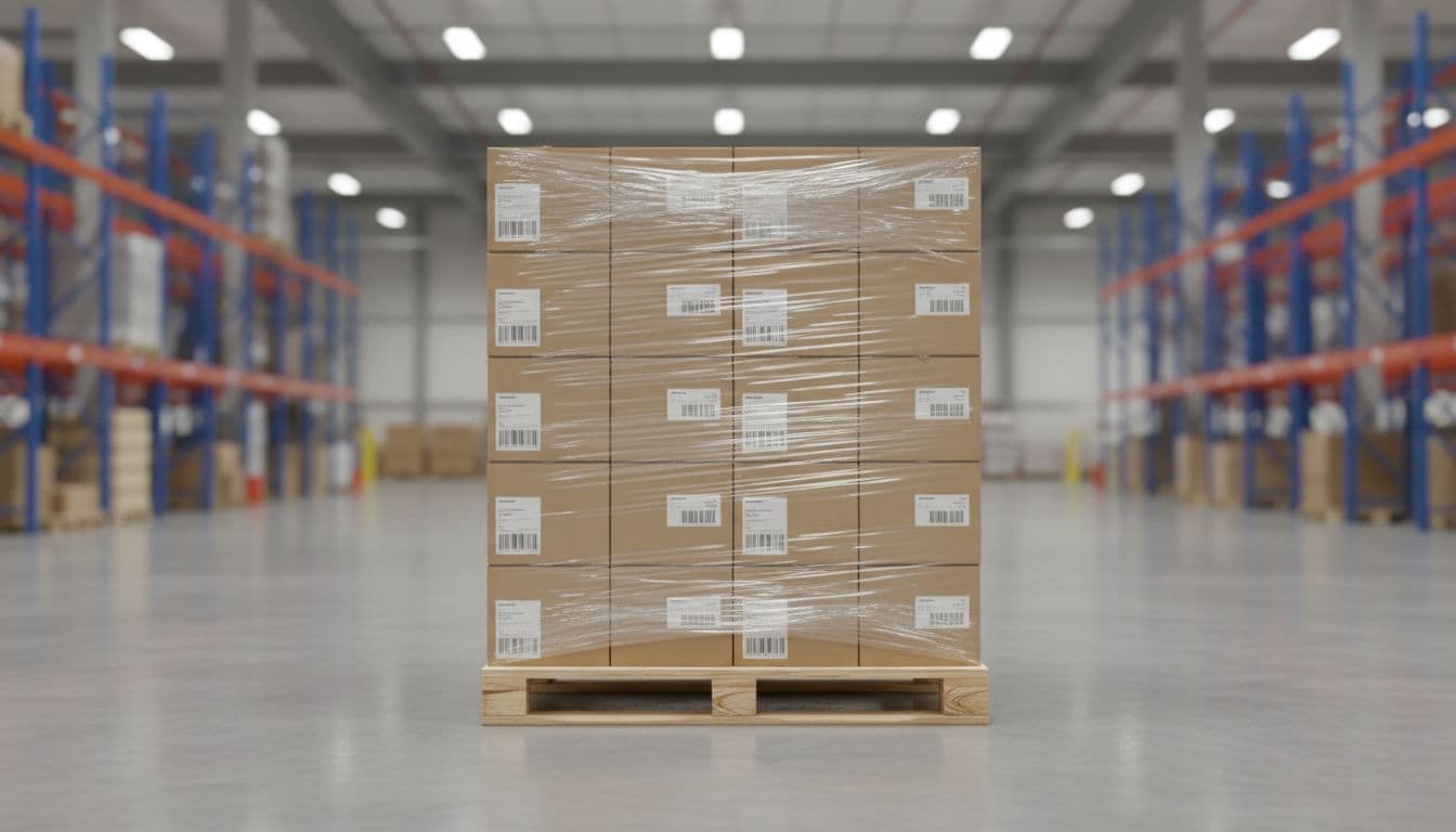 Neatly stacked pallet of uniform cardboard boxes in a modern warehouse, precise 5-high column and 4-row setup on 48x40 inch pallet, securely stretch-wrapped with barcode labels on facing sides.