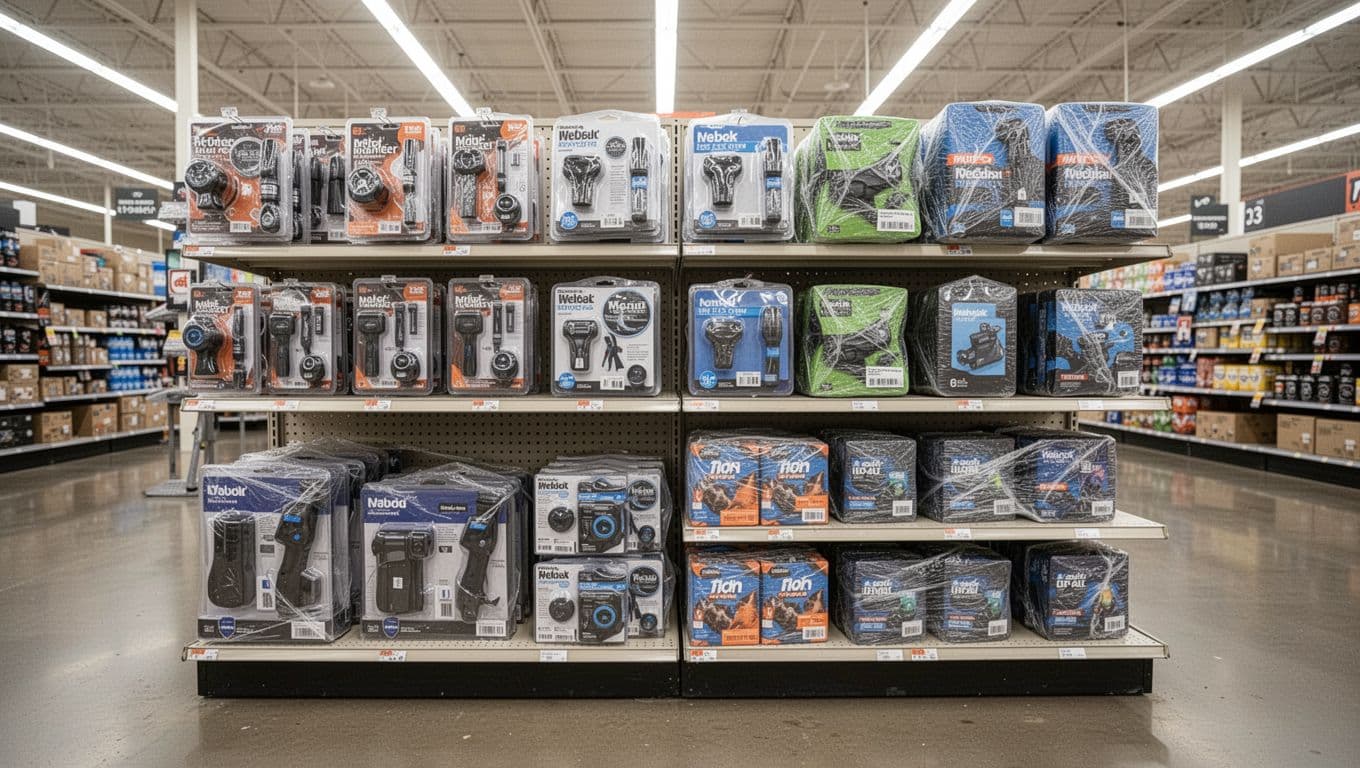 Custom retail point-of-sale display on a store shelf featuring shrink-wrapped multi-SKU promotional bundles and branded packaging in an empty retail aisle with bright overhead lighting, realistic product photography style, no people or brands.
