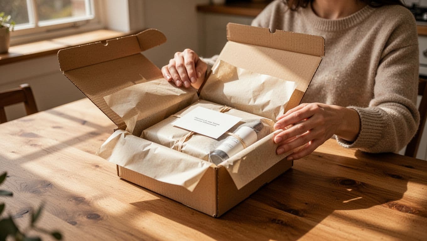 Customer unboxing a branded e-commerce box on a kitchen table, revealing neatly bundled skincare set with promotional insert card and custom branded tissue paper, in warm natural light and cozy home setting.