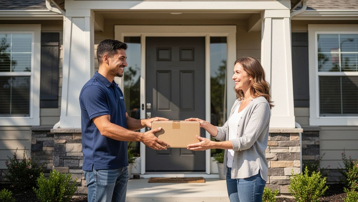 A delivery person hands a package to a smiling customer at the front door of a modern suburban home under bright natural sunlight, capturing a friendly interaction that illustrates fast delivery joy.