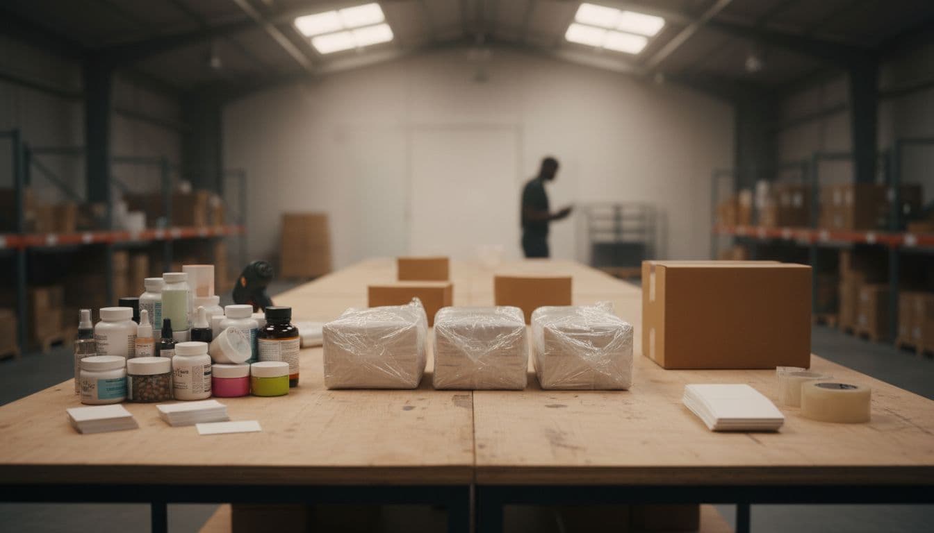 Warehouse table with beauty items and supplements assembled into bundles, shrink-wrapped packs, and boxes; worker silhouette in background.