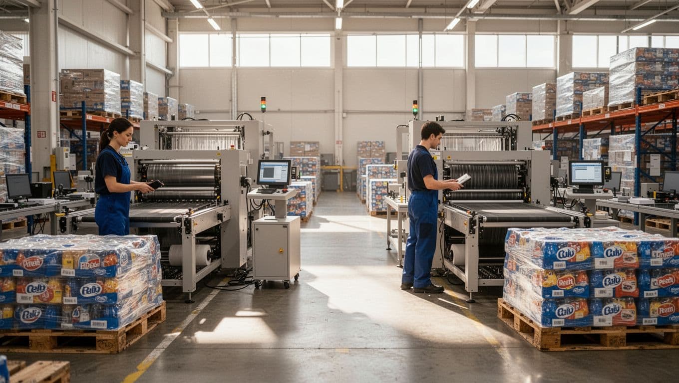 Realistic photo of a bright warehouse interior with shared shrink wrap machines and labeling stations actively used by exactly one worker each, incoming component pallets and outgoing finished retail multipacks, no idle equipment.