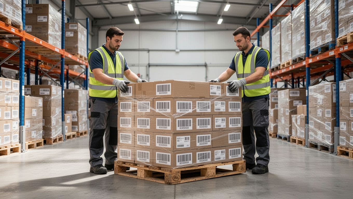 Clean modern warehouse interior with exactly two workers efficiently palletizing uniform stable boxes featuring accurate barcode labels in an organized, damage-free process under natural overhead lighting.