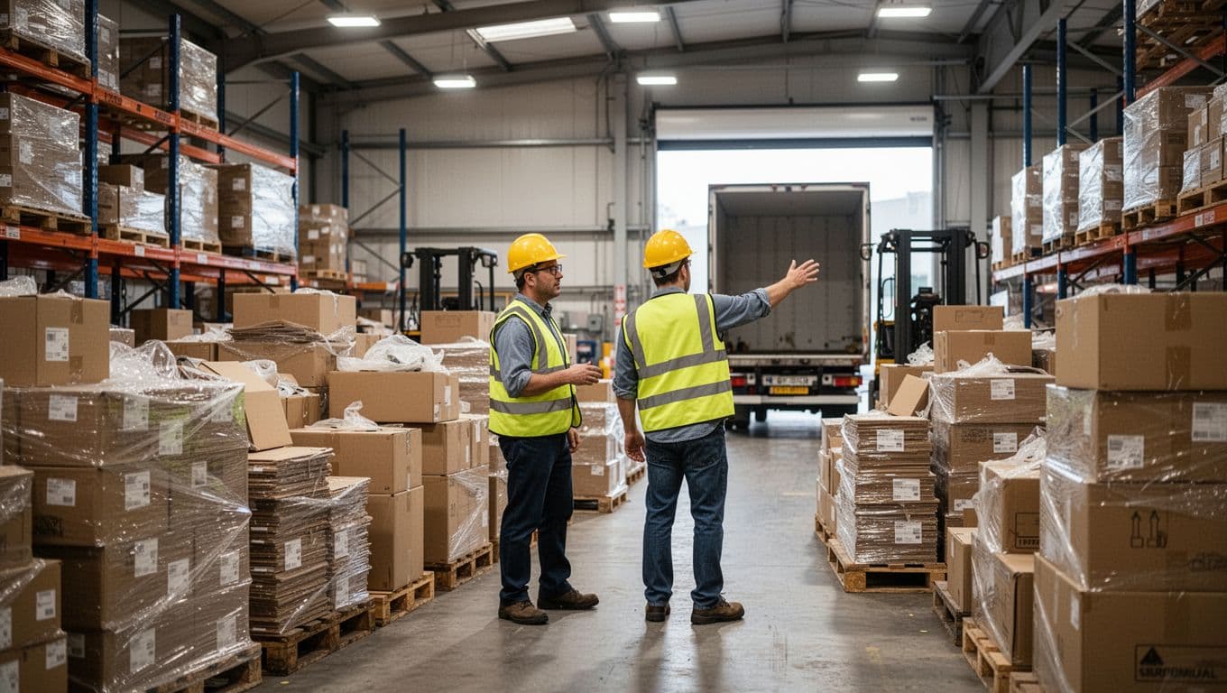 Two workers in safety gear navigate a busy mid-sized factory warehouse with overflowing stacks of boxes and pallets, one directing excess product to a transport truck outside under bright lighting.