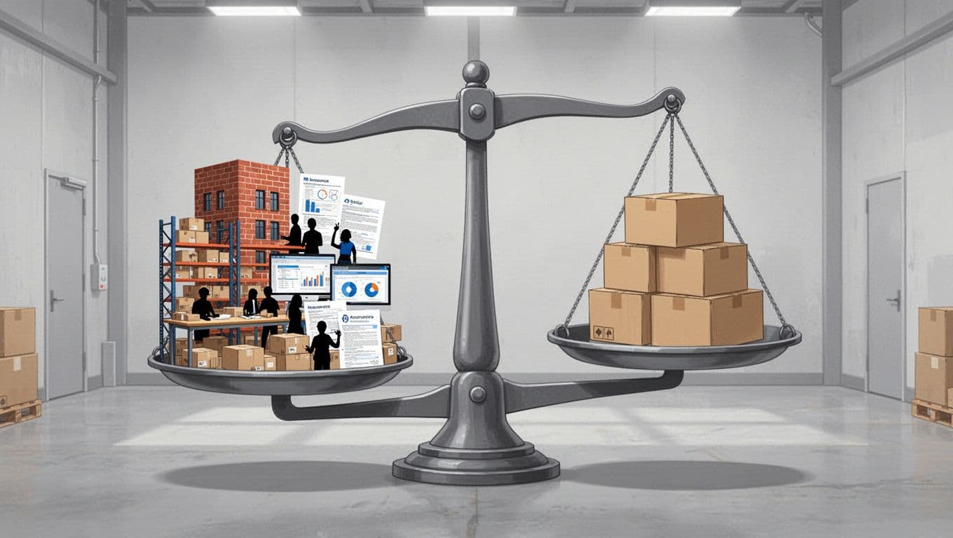 Infographic style illustration of a balance scale contrasting heavy fixed in-house fulfillment costs (icons of rent, shelving, staff, etc.) against light pay-as-you-go outsourced fulfillment costs (stack of boxes), in a neutral warehouse background.