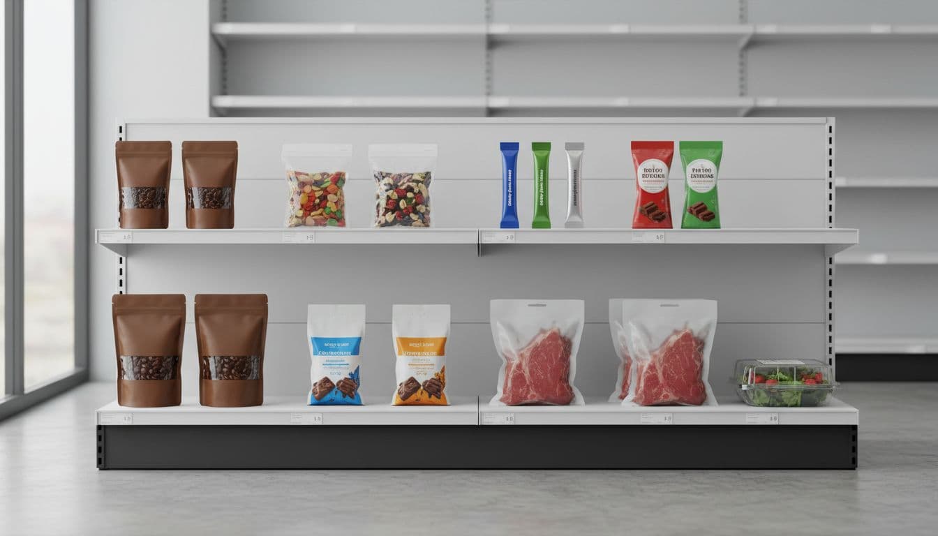 Wide realistic view of exactly 12 flexible packaging examples, including stand-up pouches with coffee, flat pouches with snacks, stick packs with supplements, flow wraps with candy bars, vacuum bags with meat, and lidding films on trays, arranged on a clean retail shelf in a grocery store with bright natural window lighting.