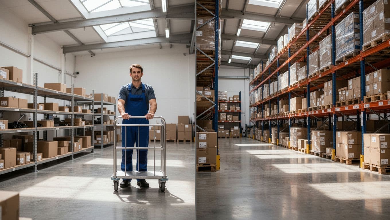 Before-after split illustration of scalable shelving in a clean modern warehouse expanding from small to large inventory stacks, with one worker efficiently adjusting racks and open floor space.