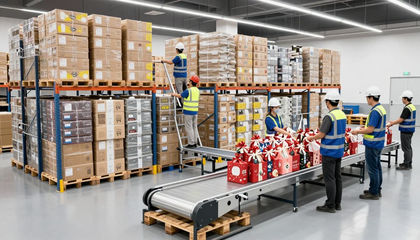 Dynamic warehouse scene with three workers in safety gear adjusting packaging for high-volume club packs and small seasonal gift bundles using flexible conveyors and pallets in a bright modern industrial setting.