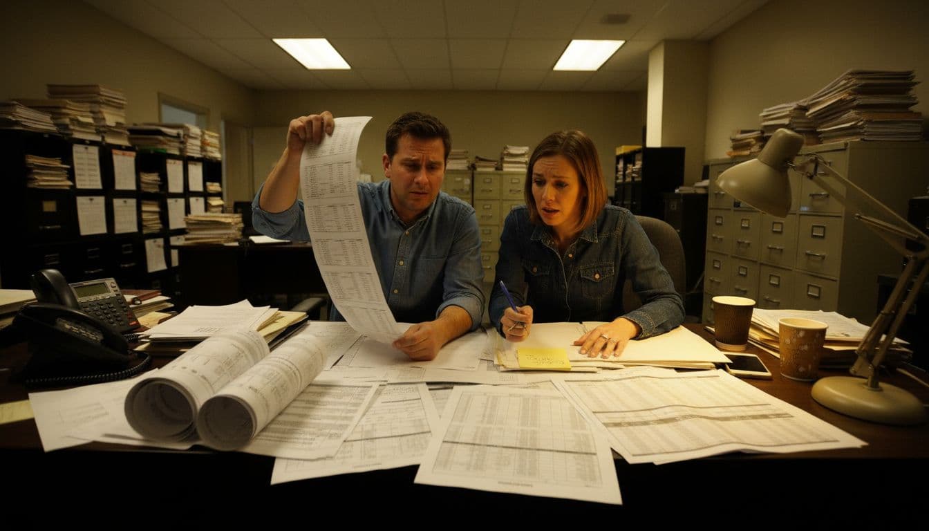 Two frustrated supply chain professionals in a dimly lit, cluttered office examine outdated inventory printouts and basic spreadsheets on their desks, lacking digital dashboards and highlighting issues with limited warehouse visibility and weak tracking.