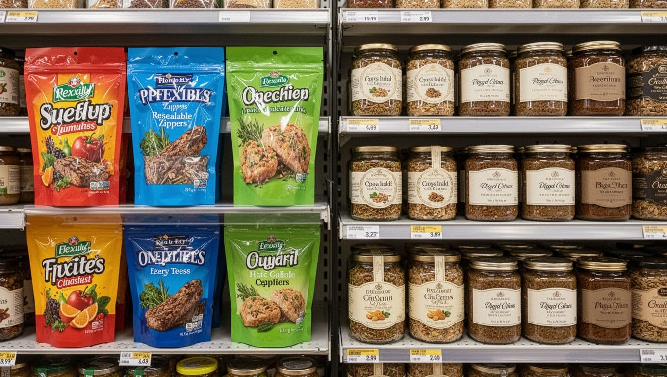 Realistic grocery store aisle view comparing vibrant flexible stand-up pouches with bold graphics, zippers, and windows against elegant rigid glass jars with premium labels, five packages per side.