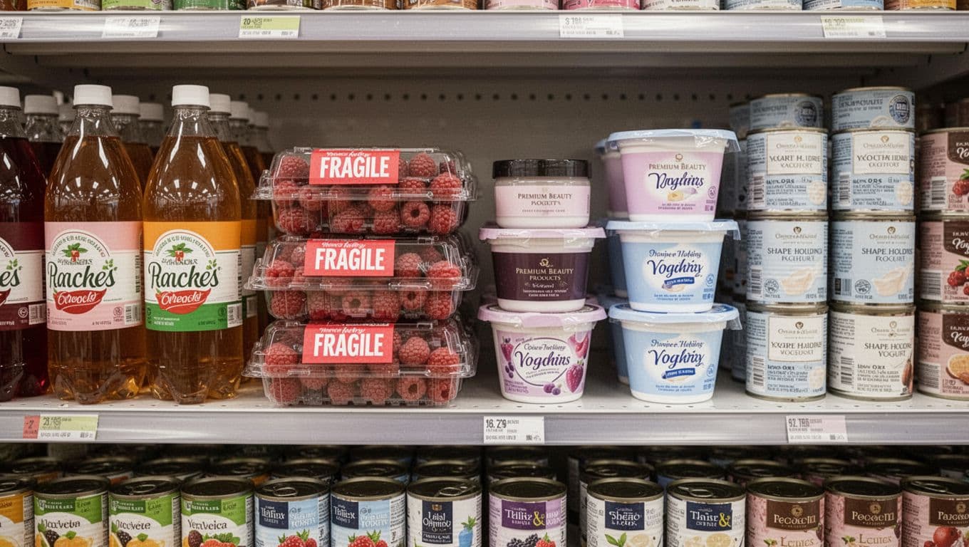 Grocery store shelf display featuring beverage bottles, fragile berry clamshells, premium beauty product jars, shape-holding yogurt tubs, and stacked canned goods, showcasing rigid packaging's protection, display, and stacking strengths in a realistic setting with soft lighting, exactly 10 items, no people or text.