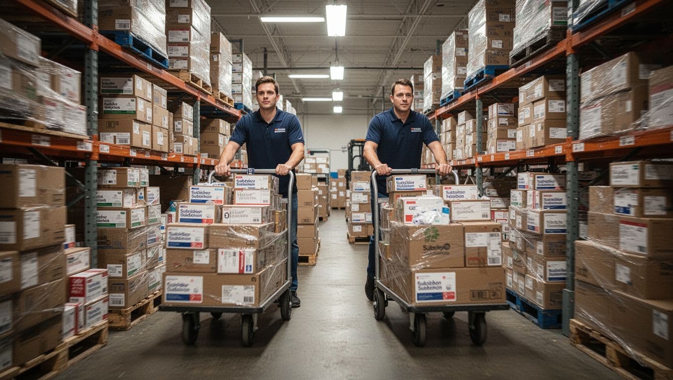 Three workers rush hand trucks through aisles blocked by overflowing subscription boxes, stressed manager checks clipboard amid disorder.