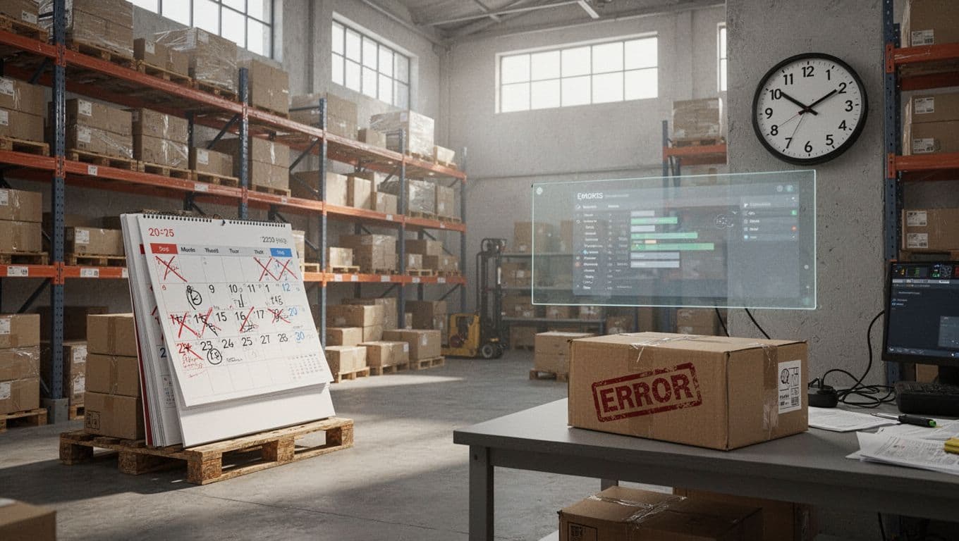 Infographic-style icons highlighting common in-house fulfillment challenges like overcrowded warehouse shelves, missed shipment dates, package errors, labor pressures, and poor inventory visibility in a neutral professional style.