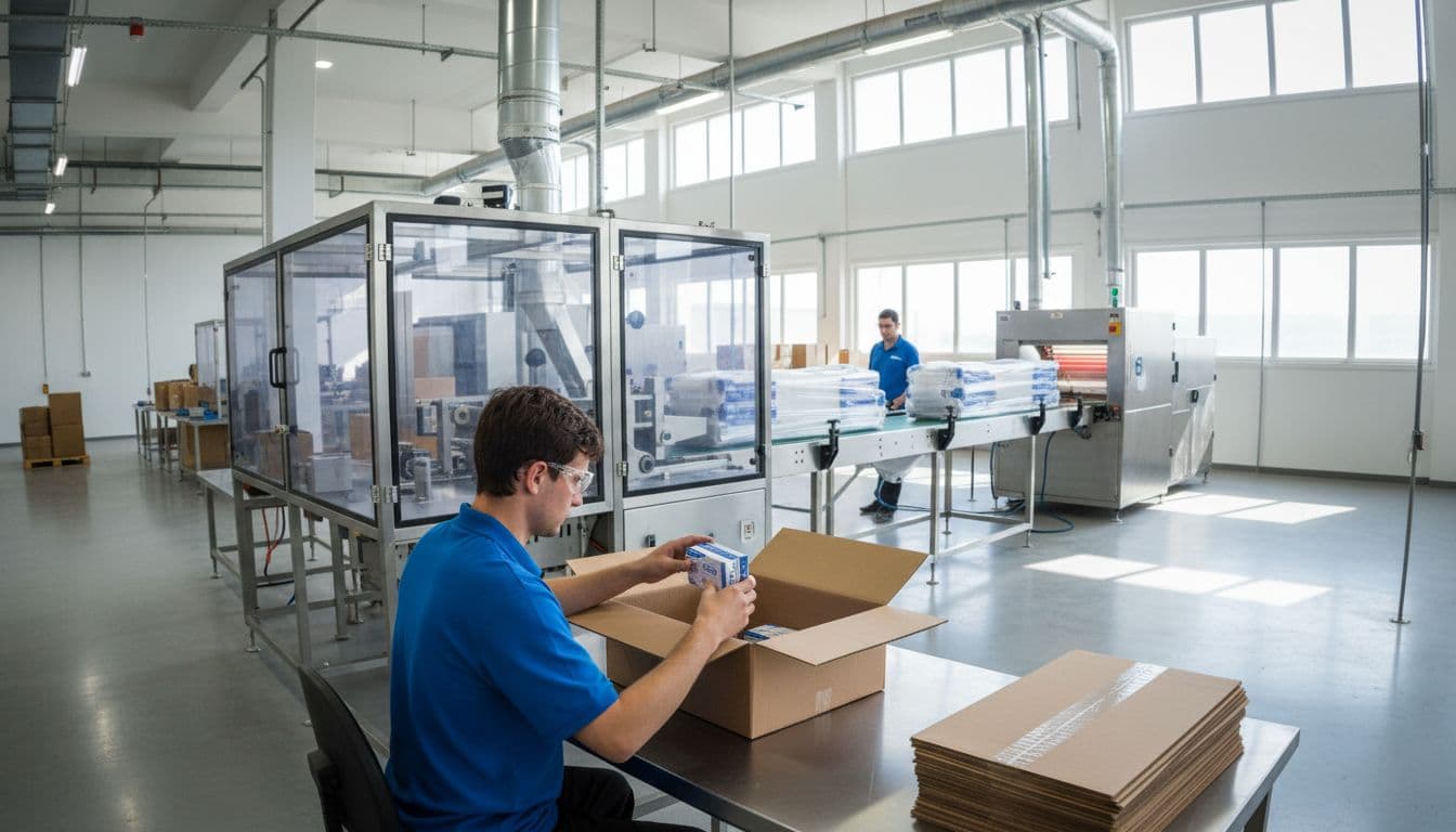 Clean industrial packaging facility interior with a worker hand-packing small product boxes in the foreground and an automated shrink wrapping machine on a conveyor belt in the background, illustrating the spectrum from manual to automated packaging.