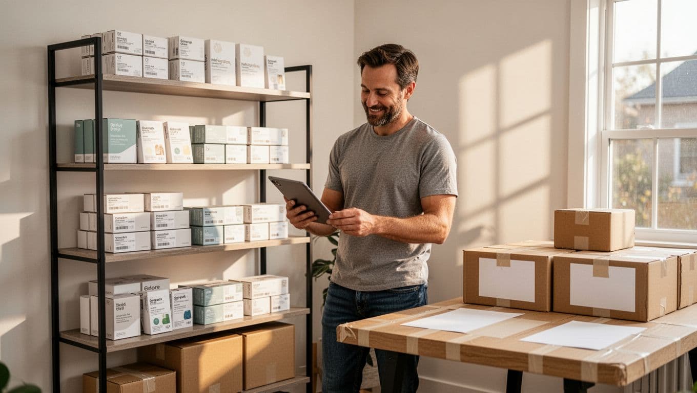 A mid-30s entrepreneur in a bright modern home office reviews orders surrounded by stacks of professionally packaged product boxes on a retail shelf mockup and e-commerce shipping table.