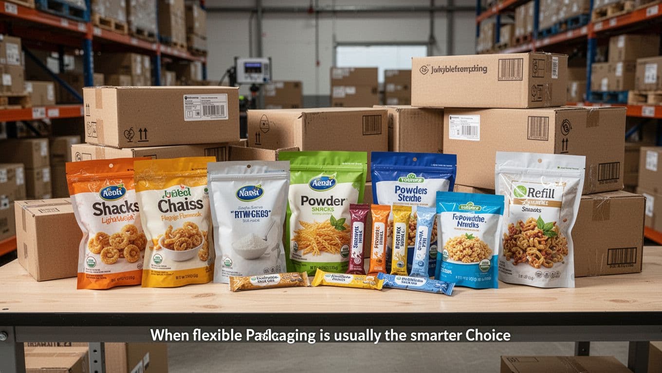Realistic photo of a warehouse packing station showing lightweight snack pouches, powder bags, single-serve stick packs, and refill pouches stacked flat next to ecommerce shipping boxes, highlighting portability and efficiency in natural daylight lighting with no people or text.