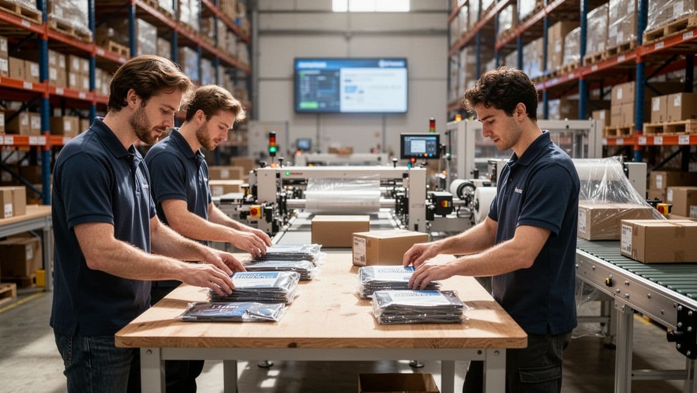 Bright modern contract packaging warehouse interior divided into zones with two workers hand-assembling promotional kits in the foreground, automated labeling and shrink wrapping on a conveyor belt in the midground, and tall inventory racking with a blurred digital project management screen in the background. Clean industrial setting with soft natural lighting, landscape composition, no text or logos.
