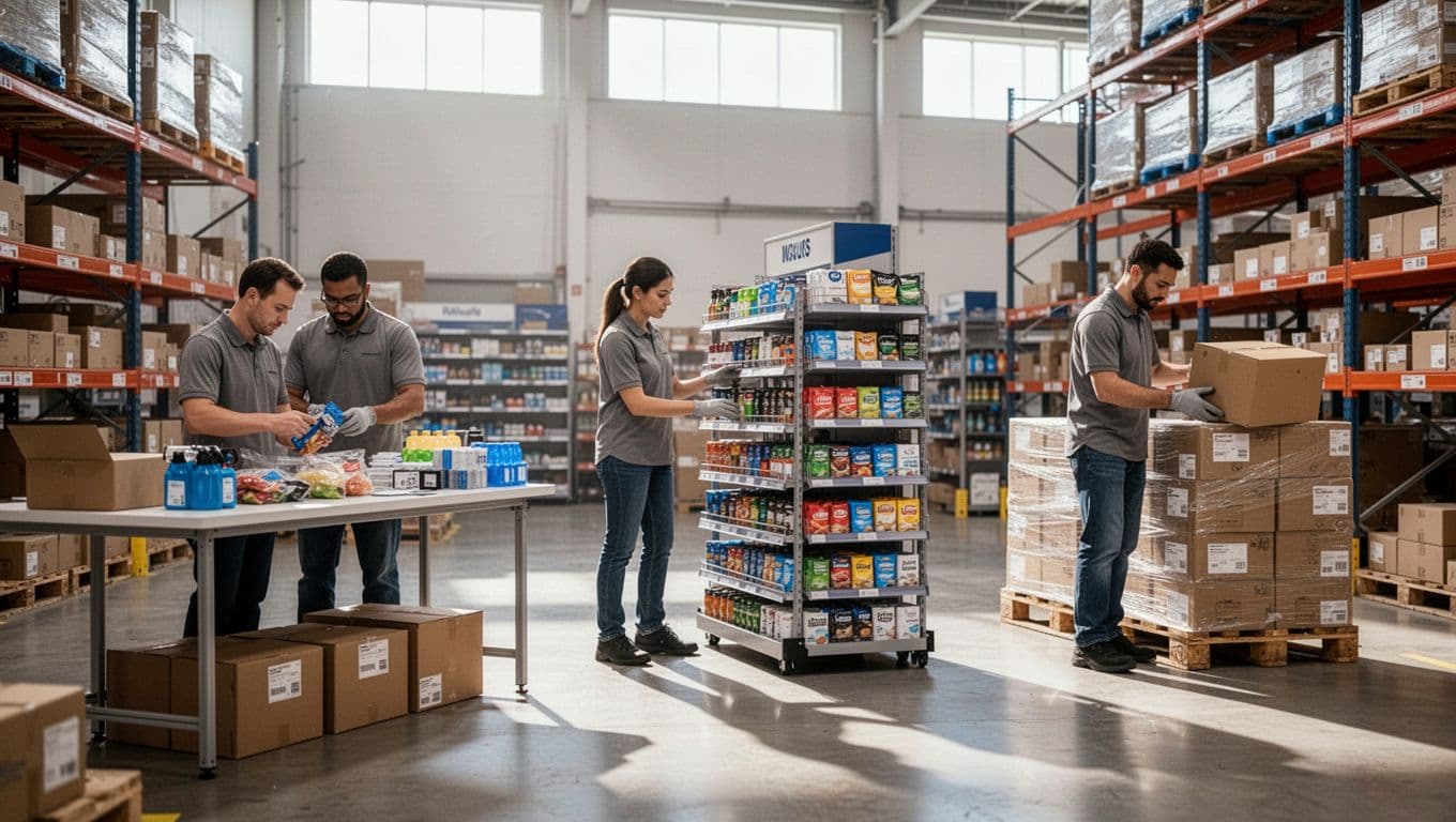 Modern warehouse floor featuring exactly three workers in a seamless connected workflow: one handling co-packing and kitting, another assembling retail displays, and the third palletizing fulfilled orders in a single organized area with bright natural lighting.