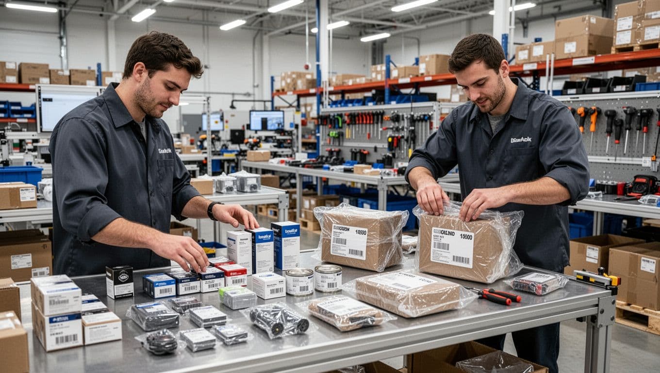 Clean modern warehouse assembly area featuring two workers building value-added retail bundles: one kitting multiple SKUs on a table, the other relabeling and shrink-wrapping packages, with organized components and tools under bright even lighting.