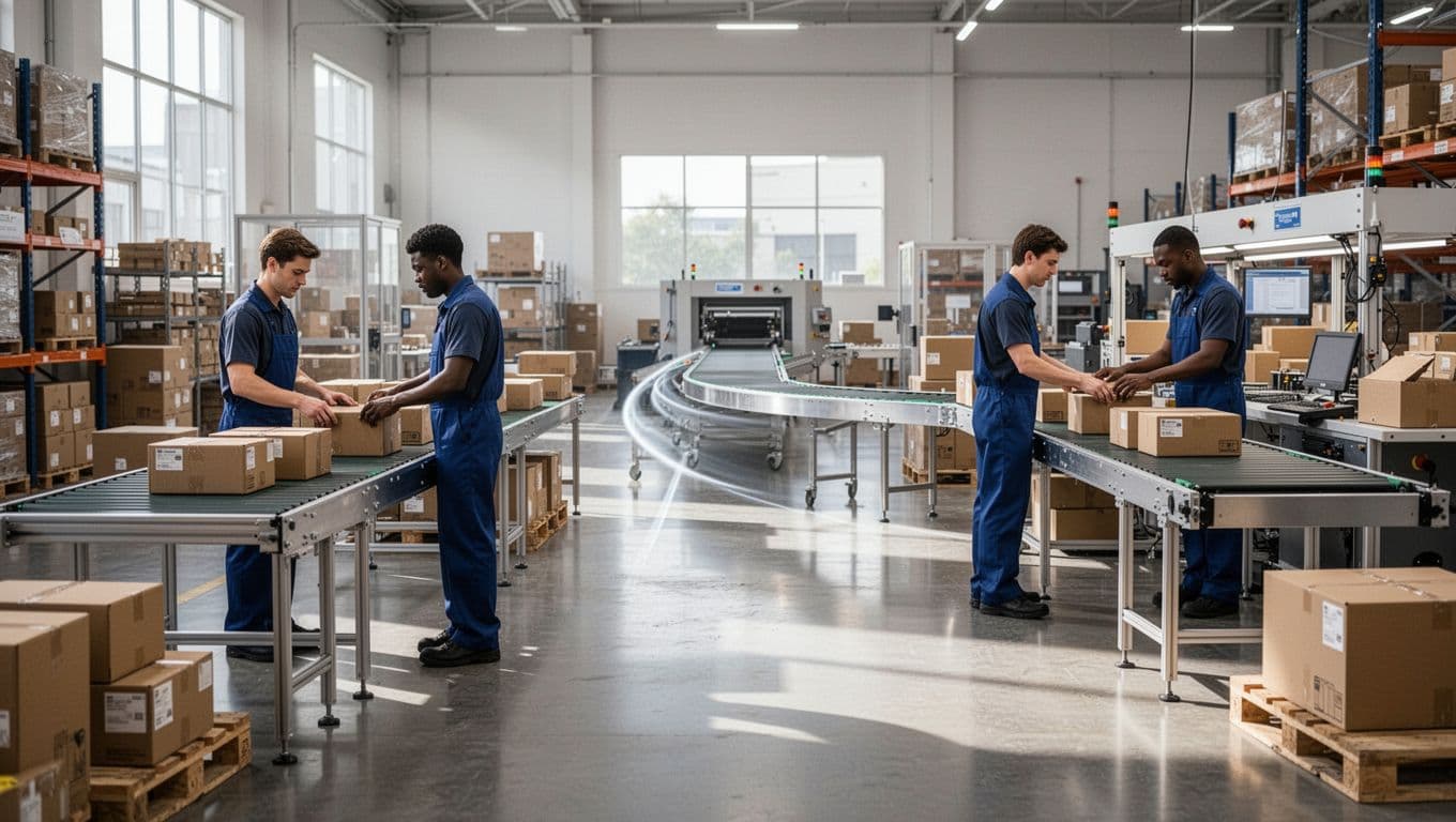 Modern warehouse with packaging tables transitioning to pick-pack stations and shipping area, two workers at stations.