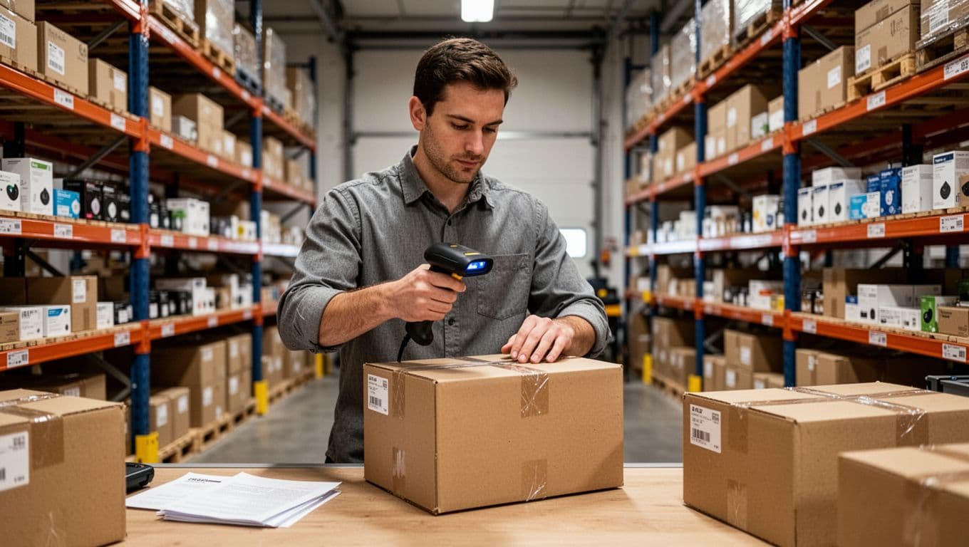 In a modern fulfillment warehouse packing area, a single worker uses a scanner to precisely verify items before sealing the box, with organized product shelves in the background under soft overhead lighting.