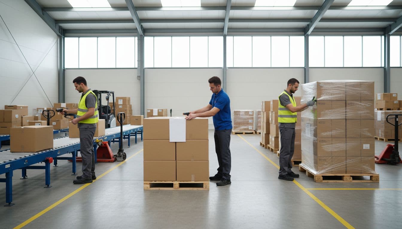 Modern warehouse interior featuring exactly three workers in repeatable processes: one scanning incoming boxes at the receiving dock, another applying labels to pallets, and a third building uniform stacks with stretch wrap, with organized flow and natural daylight.