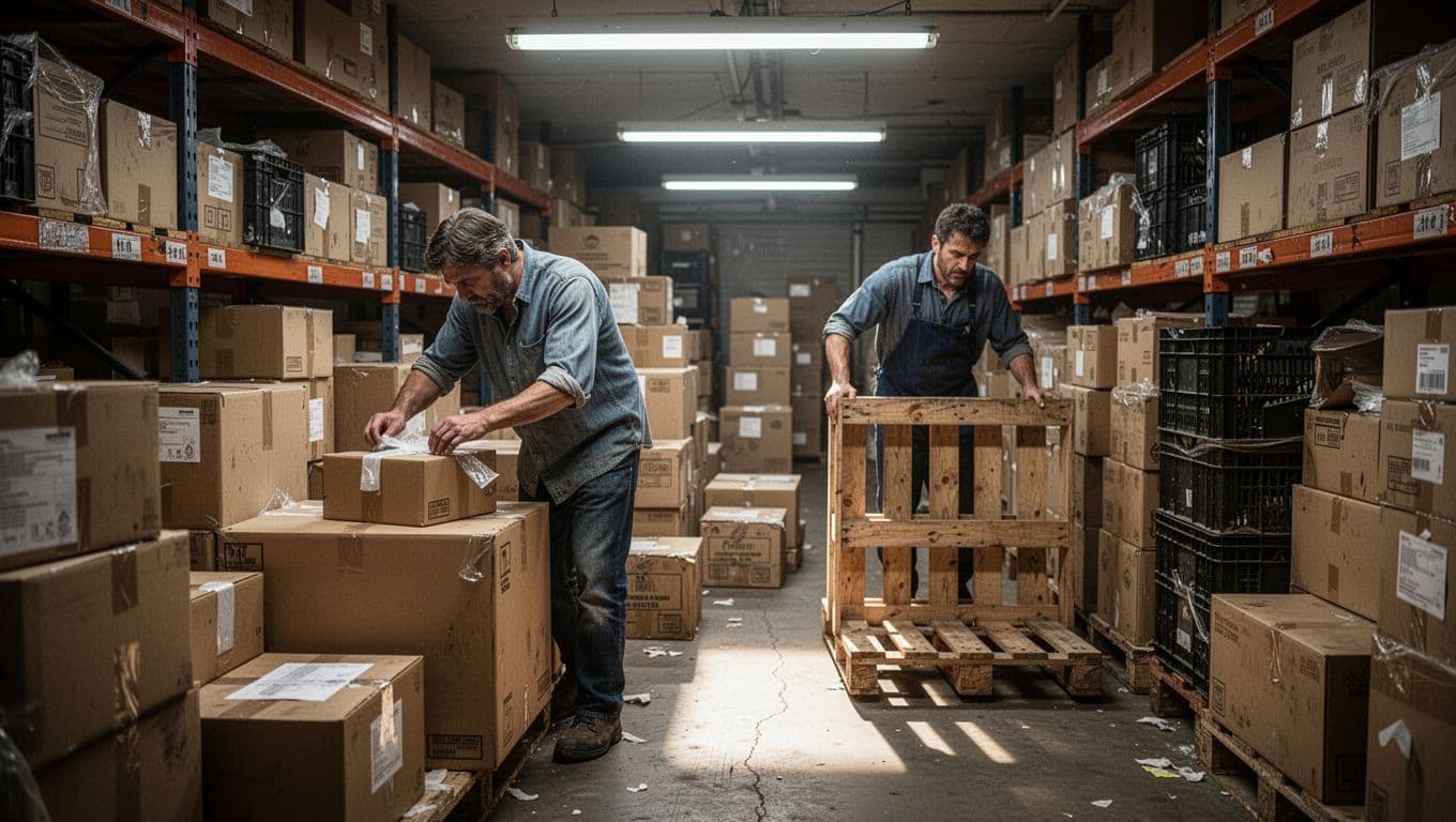 Realistic photo of a small crowded warehouse packing area with exactly two stressed workers—one packing boxes, one moving a pallet—in tight space, blocked aisles, stacked components, and harsh fluorescent lighting conveying overtime stress.