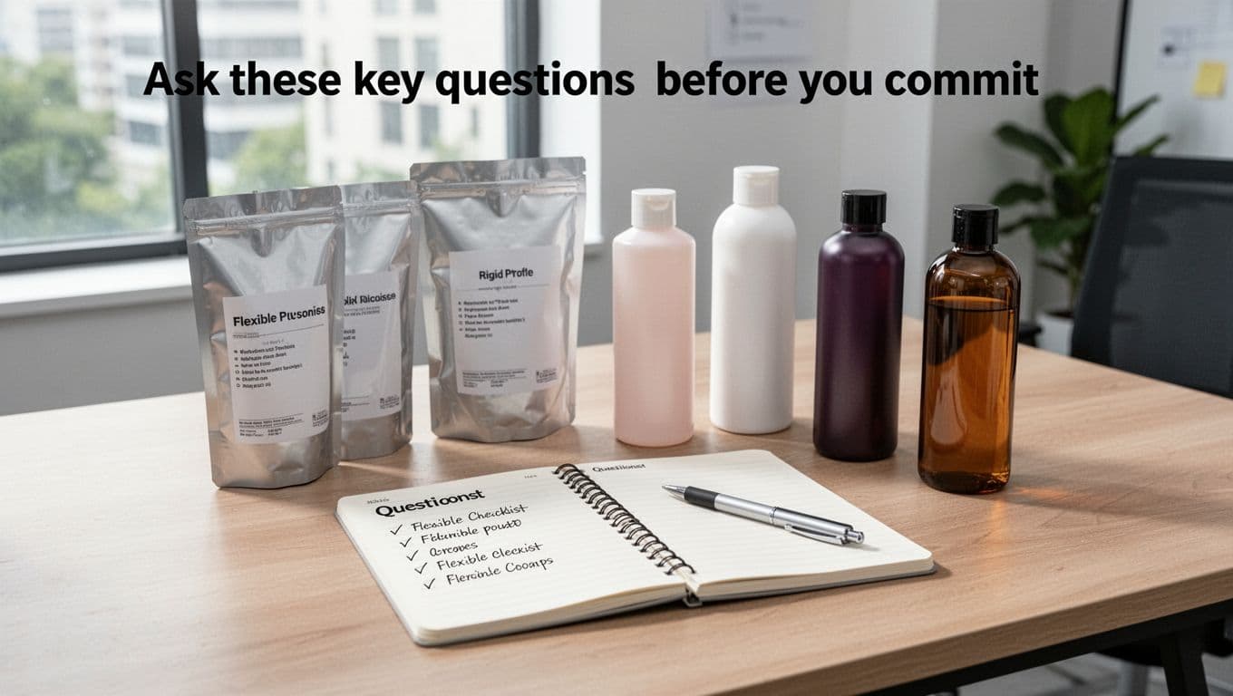 Modern office desk with neatly arranged packaging samples including flexible pouches and rigid bottles, open notebook with pen suggesting a key questions checklist for packaging decisions, natural daylight from window, realistic photo, no people, text, or logos.