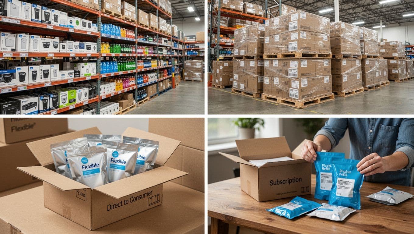 Four split realistic photo scenes comparing packaging: upper left retail shelves with rigid structured packaging, upper right high-stacked warehouse pallets of rigid boxes, lower left DTC shipping with flexible pouches in small boxes, lower right subscription unboxing of flexible refill packs on home table. Consistent lighting, no people, no text.