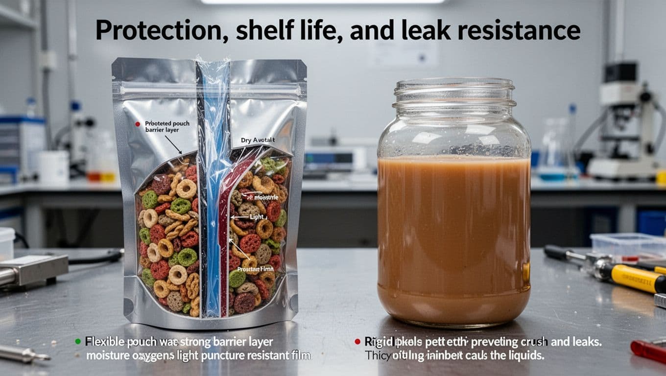Realistic close-up in a testing lab comparing flexible pouch with barrier layer cutaway protecting dry food from moisture, oxygen, light, and punctures, next to rigid plastic jar with thick walls preventing crush and leaks for liquids; even studio lighting focuses on material properties.