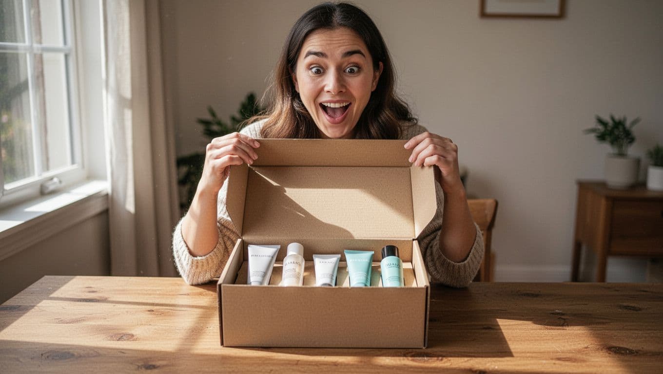 Person with surprised expression lifts lid of sturdy box on cozy home table, revealing neat skincare products.